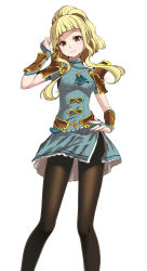 Rule 34 | 1girl, arm guards, armor, black pantyhose, blonde hair, blue nails, blunt bangs, brown eyes, clair (fire emblem), closed mouth, fire emblem, fire emblem echoes: shadows of valentia, fire emblem heroes, hand on own hip, highres, hime cut, light smile, lips, looking at viewer, miniskirt, nail polish, nintendo, pantyhose, ponytail, shoulder armor, simple background, skirt, solo, standing, tsukishiro saika, wavy hair, white background