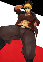 Rule 34 | 1girl, abs, absurdres, axis powers hetalia, baggy pants, belt, black gloves, blonde hair, blue eyes, boots, breasts, commentary, commission, cross, cross necklace, english commentary, eyeshadow, from below, genderswap, genderswap (mtf), germany (hetalia), gloves, hand on own hip, highres, iron cross, jacket, jewelry, large breasts, lips, makeup, midriff, military, military uniform, monori rogue, muscular, muscular female, navel, necklace, open clothes, open jacket, pants, short hair, sleeves pushed up, solo, sports bra, uniform
