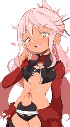 Rule 34 | 1girl, blush, chloe von einzbern, commentary, dark-skinned female, dark skin, english commentary, fate/kaleid liner prisma illya, fate (series), hair ornament, hair stick, heart, highres, index finger raised, jellcaps, long hair, long sleeves, navel, open mouth, pink hair, simple background, smile, solo, stomach tattoo, tattoo, teeth, upper teeth only, white background, yellow eyes
