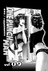 Rule 34 | 1girl, applying makeup, artist name, ass, bare shoulders, copyright name, cosmetics, fubuki (one-punch man), greyscale, highres, lace, lace panties, lipstick, lipstick tube, makeup, mirror, monochrome, murata yuusuke, navel, no pants, non-web source, off shoulder, official art, one-punch man, open mouth, panties, photo (object), reflection, short hair, solo, underwear