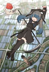 Rule 34 | 1girl, absurdres, bird, black nails, blue hair, blush stickers, boots, closed eyes, flying, ghost, highres, huge filesize, long hair, nail polish, original, rice paddy, scythe, shinigami, skirt, thighhighs, twintails, watermelon, watermelon slice, zinbei