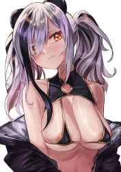 Rule 34 | 1girl, adapted costume, animal ears, areola slip, arknights, bare shoulders, bear ears, bikini, black bikini, black hair, black jacket, blush, breasts, cleavage, closed mouth, covered collarbone, fang, feater (arknights), grey hair, head tilt, highres, jacket, kumamiya, large breasts, long hair, looking at viewer, micro bikini, multicolored hair, open clothes, open jacket, red eyes, simple background, skin fang, smile, solo, swimsuit, thick eyebrows, twintails, two-tone hair, upper body, white background