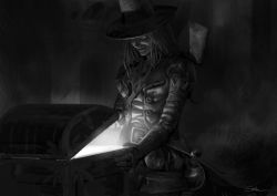 Rule 34 | 1girl, artist name, black hat, blue eyes, copyright name, darkest dungeon, dated, dual wielding, graverobber (darkest dungeon), grey hair, hat, holding, knife, mole, mole above mouth, pickaxe, potion, shovel, solo, standing, treasure chest, weapon, worktool