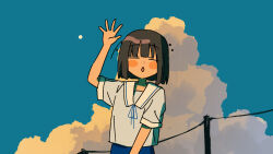 Rule 34 | 1girl, arm up, beads, blue ribbon, blue sky, blunt bangs, blush stickers, bob cut, brown hair, closed eyes, cloud, commentary request, diamond mouth, facing viewer, full moon, hair beads, hair ornament, highres, moon, moon in daylight, neck ribbon, open mouth, original, outdoors, ozu (oz yarimasu), power lines, raised eyebrows, ribbon, sailor collar, shirt, short sleeves, sky, solo, summer uniform, twilight, upper body, utility pole, waving, white sailor collar, white shirt
