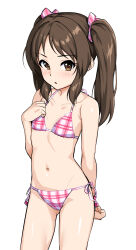 Rule 34 | 1girl, alternate hairstyle, bikini, blush, breasts, brown eyes, brown hair, checkered bikini, checkered clothes, clenched hand, collarbone, commentary, cowboy shot, hadacra, hair ribbon, hand up, highres, idolmaster, idolmaster cinderella girls, long hair, looking at viewer, navel, parted lips, pink bikini, pink ribbon, plaid, plaid bikini, ribbon, side-tie bikini bottom, sidelocks, small breasts, solo, stomach, string bikini, swimsuit, tachibana arisu, thighs, twintails, white background