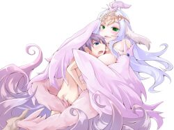 1girl animal_ears armlet between_breasts bird_ears bird_legs bird_tail blush bmp-to-png_conversion breasts crown feathered_wings feathers green_eyes harpy head_between_breasts hetero hug large_breasts long_hair lucretia_(mon-musu_quest!) luka_(mon-musu_quest!) mon-musu_quest! monster_girl non-web_source open_mouth pink_feathers pink_wings purple_feathers purple_hair sex shota tail transparent_background winged_arms wings