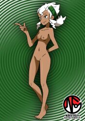 Rule 34 | 1girl, absurdres, arm behind back, armpits, artist name, barefoot, breasts, brown eyes, burnet (pokemon), cleft of venus, clenched hand, collarbone, completely nude, creatures (company), eyelashes, facing away, feet, female focus, fingernails, full body, game freak, gradient background, green background, green headwear, groin, hair between eyes, half-closed eyes, hand up, headgear, heel up, highres, index finger raised, legs, looking afar, medium breasts, medium hair, navel, neck, nilterguy, nintendo, nipples, nude, nude filter, official art nude filter, pokemon, pokemon sm, ponytail, pussy, sidelocks, smile, smug, standing, tan, thighs, third-party edit, toenails, toes, unworn clothes, white hair