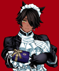 Rule 34 | 1girl, absurdres, animal ears, apron, black hair, blush, box, box of chocolates, breasts, cat ears, commentary, ascot, dark skin, dark-skinned female, desperado (yotaro), earrings, english commentary, eyepatch, gift, gift box, gloves, hand on own chest, highres, hoop earrings, jewelry, large breasts, light smile, maid, maid headdress, mao (yotaro), one-eyed, outstretched hand, red background, short hair, slit pupils, solo, valentine, waist apron, white gloves, yellow eyes, yotaro