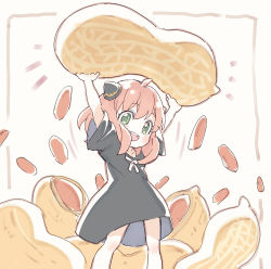 Rule 34 | 1girl, :d, anya (spy x family), arms up, black dress, child, commentary request, dress, feet out of frame, food, green eyes, hairpods, hands up, highres, holding, holding food, legs apart, looking at viewer, open mouth, oversized food, oversized object, peanut, pink hair, ribbon, sakino shingetsu, smile, solo, spy x family, white ribbon, wide sleeves