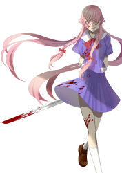 Rule 34 | 1girl, absurdly long hair, absurdres, arms behind back, blood, blood on face, blood on clothes, bloody weapon, gasai yuno, hair over one eye, hangyifan97, highres, loafers, long hair, mirai nikki, pink eyes, pink hair, school uniform, shoes, smile, solo, sword, teeth, very long hair, weapon, white background, wind, wind lift, yandere