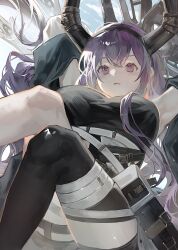 Rule 34 | 1girl, arknights, armpits, black hairband, black horns, black thighhighs, blush, breasts, fake horns, feet out of frame, from below, hairband, highres, horns, knees together feet apart, knees up, large breasts, long hair, looking at viewer, mira (345toron), nose blush, parted lips, purple eyes, purple hair, sidelocks, single thighhigh, solo, thick thighs, thighhighs, thighs, typhon (arknights)