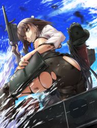 Rule 34 | 10s, 1girl, ass, bad id, bad twitter id, bike shorts, bow (weapon), breasts, brown eyes, brown hair, brown thighhighs, cameltoe, cloud, crossbow, damaged, day, dirty, dirty face, explosion, fingernails, flight deck, from below, hair between eyes, headgear, highres, ipuu (el-ane koubou), kantai collection, one eye closed, panties, parted lips, remodel (kantai collection), rigging, shirt, short hair, skindentation, sky, small breasts, smoke, smoke trail, solo, splashing, taihou (kancolle), thighhighs, torn clothes, underbust, underwear, weapon, white panties, white shirt