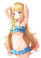 Rule 34 | 1girl, armpits, arms up, bikini, blonde hair, blue bikini, blue eyes, blush, breasts, collarbone, commentary request, cowboy shot, food, frilled bikini, frills, gabriel dropout, hands in hair, highres, ice cream, long hair, looking at viewer, messy hair, mouth hold, navel, popsicle, shiero., simple background, small breasts, solo, standing, swimsuit, gabriel tenma white, very long hair, white background
