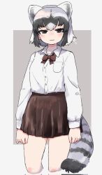 Rule 34 | 1girl, alternate costume, animal ears, blush, bow, bowtie, brown bow, brown bowtie, brown eyes, brown skirt, collared shirt, commentary request, common raccoon (kemono friends), cowboy shot, grey hair, highres, kemono friends, long sleeves, looking at viewer, multicolored hair, naka (buttergirl 02), pleated skirt, raccoon ears, raccoon girl, raccoon tail, school uniform, shirt, short hair, skirt, solo, tail, white hair, white shirt