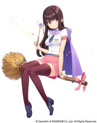 Rule 34 | 1girl, belt, blue footwear, bracelet, breasts, broom, broom ribbon, broom riding, brown hair, cape, collared shirt, dungeon anywhere, eyebrows, female focus, full body, jewelry, loafers, long hair, mary janes, necktie, pink skirt, pleated skirt, purple eyes, shirt, shoes, sidesaddle, skirt, solo, ssberit, star (symbol), straight hair, striped clothes, striped skirt, thighhighs, wand, white background, white shirt, witch, zettai ryouiki