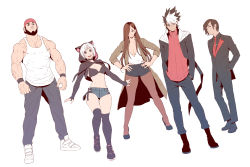 Rule 34 | 2girls, 3boys, animal ears, backwards hat, bare arms, bare shoulders, black choker, black eyes, black footwear, black legwear, brown coat, brown eyes, brown footwear, brown hair, choker, closed mouth, coat, collarbone, covered navel, denim, facial hair, fake animal ears, formal, hair over one eye, hand on own hip, hands in pockets, hat, highres, hood, hood up, long hair, looking down, medium hair, mole, mole under eye, multicolored hair, multiple boys, multiple girls, muscular, necktie, open mouth, original, pantyhose, psychicjin, red headwear, red neckwear, simple background, sleeves rolled up, smile, standing, suit, teeth, thighhighs, upper teeth only, veins, white background, white hair, wristband