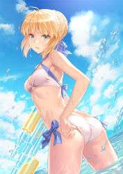 Rule 34 | 1girl, adjusting clothes, ahoge, armpits, artoria pendragon (all), artoria pendragon (fate), artoria pendragon (swimsuit archer) (first ascension) (fate), ass, back, bare arms, bare shoulders, bikini, blue bow, blue sky, bow, braid, breasts, cleavage, cloud, day, dutch angle, fate/grand order, fate (series), green eyes, hair bun, highres, looking at viewer, outdoors, parted lips, porikeracchou, saber (fate), short hair, sidelocks, single hair bun, sky, small breasts, smile, solo, splashing, standing, swimsuit, twisted torso, wading, water, water drop, water gun, white bikini
