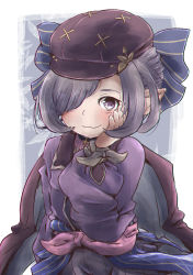 Rule 34 | 1girl, blush, bow, closed mouth, granblue fantasy, grey hair, hair bow, hair over one eye, hand on own cheek, hand on own face, harvin, hat, highres, kotobukkii (yt lvlv), long sleeves, looking at viewer, niyon (granblue fantasy), niyon (violet anonymity) (granblue fantasy), pointy ears, purple eyes, purple hat, smile, solo, striped, striped bow