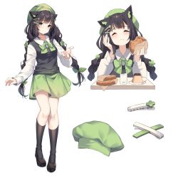 Rule 34 | 1girl, animal ears, black footwear, black hair, black socks, black sweater vest, blush, braid, cat ears, cat girl, clover hair ornament, cup, drinking glass, eating, food, food request, four-leaf clover hair ornament, full body, green eyes, green hat, green skirt, hair ornament, hairclip, hand on own face, hat, highres, kitsunya (vtuber), kneehighs, kuri (animejpholic), legs, long hair, long sleeves, miniskirt, no tail, original, pudding, shirt, shoes, simple background, skirt, smile, socks, solo, sweater vest, thighs, twin braids, twintails, virtual youtuber, water, white background, white shirt, white sleeves