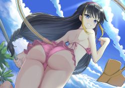 Rule 34 | 1girl, absurdres, ass, back, bikini, black hair, blonde hair, blue eyes, blue sky, breasts, cloud, commentary request, day, demon tail, frilled bikini, frills, grin, halterneck, hand on railing, highres, lessar, long hair, looking at viewer, looking back, multicolored hair, outdoors, palm tree, paradox (hatto air), pink bikini, railing, shoulder blades, sideboob, sidelocks, sky, smile, solo, standing, streaked hair, swimsuit, tail, teeth, thighs, toaru kagaku no railgun, toaru majutsu no index, toaru majutsu no index: new testament, tree, two-tone hair