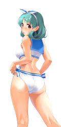 Rule 34 | 1girl, absurdres, ahoge, ass, back, bare shoulders, bikini, bikini pull, blue hair, blue sailor collar, blush, bow, breasts, brown eyes, clothes pull, cowboy shot, from behind, green hair, hairband, highres, idolmaster, idolmaster million live!, kneepits, looking at viewer, looking back, medium breasts, nishi (count2.4), open mouth, pulled by self, sailor bikini, sailor collar, sailor swimsuit (idolmaster), simple background, standing, swimsuit, thighs, tokugawa matsuri, white background, white bikini