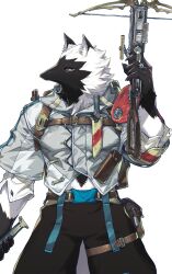 Rule 34 | 1boy, alf (izumi and the dragon book), animal ears, baggy pants, belt, black fur, black pants, bow (weapon), crossbow, dagger, furry, highres, holding, holding crossbow, holding weapon, hood, hoodie, izumi and the dragon book, knife, nagimiso, official art, pants, shirt, snout, weapon, white background, white fur, white shirt, yellow eyes