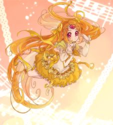 Rule 34 | 10s, 1girl, beamed quavers, blonde hair, boots, bow, bubble skirt, cure muse, cure muse (yellow), eyelashes, gradient background, kamabo ko, lace, long hair, magical girl, musical note, orange background, orange theme, precure, red eyes, shirabe ako, skirt, solo, staff (music), suite precure, yellow background, yellow bow, yellow skirt