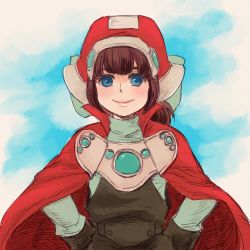 Rule 34 | 1girl, blue eyes, brown hair, cape, closed mouth, hat, long hair, long sleeves, looking at viewer, maccory, marguerite fatima, smile, solo, xenogears