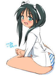 Rule 34 | 1girl, :d, bad id, bad pixiv id, blush, fang, francesca lucchini, green eyes, green hair, indian style, looking at viewer, matching hair/eyes, mikomu, open mouth, panties, sitting, smile, solo, strike witches, striped clothes, striped panties, twintails, underwear, world witches series
