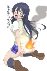 Rule 34 | 1girl, ass, ass grab, blue hair, blush, breasts, burning, fire, highres, japanese text, kneeling, long hair, looking back, love live!, medium breasts, open mouth, panicking, panties, screaming, shoes, socks, solo, sonoda umi, tears, translated, underwear, white panties, yellow eyes