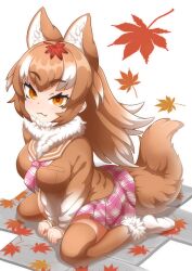 Rule 34 | 1girl, :3, animal ears, autumn leaves, blush, breasts, brown hair, empty eyes, ev (kemomimizuku), extra ears, fang, fur collar, highres, japanese wolf (kemono friends), kemono friends, kemono friends 3, large breasts, leaf, leaf on head, long hair, long sleeves, looking at viewer, maple leaf, multicolored hair, neckerchief, plaid neckerchief, shirt, sitting, skirt, solo, tail, two-tone hair, wariza, white hair, wolf ears, wolf girl, wolf tail