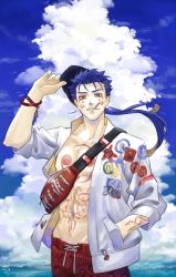 Rule 34 | 1boy, alternate costume, bad id, bad twitter id, blooming yuki, blue hair, bodypaint, bracelet, closed mouth, cloud, cu chulainn (fate), cu chulainn (fate) (all), cu chulainn (fate/stay night), cu chulainn alter (fate), cu chulainn alter (fate/grand order), dark persona, drawstring, earrings, expressionless, facepaint, fate/grand order, fate (series), hand in pocket, highres, jewelry, lancer, long hair, looking at viewer, male focus, male swimwear, muscular, open clothes, open shirt, ponytail, print male swimwear, print swim trunks, print swimsuit, red eyes, red male swimwear, red swim trunks, removing hat, sharp teeth, short sleeves, sky, solo, spiked hair, swim trunks, swimsuit, teeth, type-moon, under the same sky