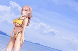 Rule 34 | 1girl, absurdres, bikini, blue sky, breasts, cloud, cowboy shot, day, fate/grand order, fate (series), florence nightingale (chaldea lifesavers) (fate), florence nightingale (fate), folded ponytail, highleg, highleg bikini, highleg swimsuit, highres, horizon, large breasts, looking at viewer, navel, ocean, pink hair, quatthro, red eyes, sky, smile, solo, swimsuit, underboob, whistle, yellow bikini