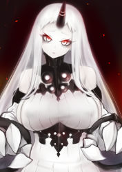 Rule 34 | 10s, 1girl, abyssal ship, bare shoulders, breasts, claws, detached sleeves, dress, highres, horns, kantai collection, kou (garakuta teikoku), large breasts, long hair, looking at viewer, pale skin, red eyes, ribbed dress, seaport princess, sideboob, single horn, solo, very long hair, white hair