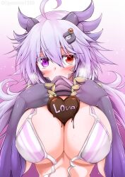 Rule 34 | 1girl, ahoge, blush, bra, breasts, candy, chocolate, chocolate heart, commentary request, food, g (genesis1556), gradient background, heart, heterochromia, highres, large breasts, long hair, looking at viewer, original, pink background, purple eyes, purple hair, red eyes, revision, solo, sweat, underwear, upper body, very long hair, white bra