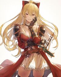 Rule 34 | 1girl, armor, blonde hair, boots, bow, breasts, brown footwear, cleavage, cross-laced footwear, dress, fagi (kakikaki), gauntlets, granblue fantasy, grey background, hair between eyes, hair bow, hand on own cheek, hand on own face, highres, lace-up boots, large breasts, long hair, looking at viewer, orange eyes, parted lips, ponytail, red dress, shoulder armor, simple background, smile, vira (granblue fantasy)