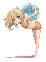 Rule 34 | 1girl, :d, aged down, alien, aqua eyes, armpits, bare shoulders, barefoot, bent over, blonde hair, body blush, breasts, child, crop top, fangs, flat chest, from side, full body, happy, kichin yarou, leaning forward, metroid, metroid: zero mission, metroid (creature), midriff, monster, nintendo, open mouth, orange shirt, outstretched arms, purple eyes, samus aran, shadow, shirt, short shorts, shorts, side slit, small breasts, smile, solo, spread arms, standing