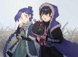 Rule 34 | 1boy, 1girl, adjusting scarf, asymmetrical hair, black eyes, black flower, black gloves, black hair, black pants, black rose, black shirt, black sleeves, blue cloak, blue hair, blue sky, blush, bouquet, braid, braided ponytail, breasts, breath, cloak, cowboy shot, day, dress, english text, eye contact, fingerless gloves, flower, fur-trimmed hood, fur trim, gloves, godzillapigeon1, grass, green dress, green eyes, grey scarf, hair tie, hand up, hands up, happy, heart, highres, holding, holding bouquet, hood, hood up, long hair, long sleeves, looking at another, looking to the side, matching hair/eyes, mole, mole under eye, open cloak, open clothes, open mouth, outdoors, pants, purple cloak, rose, scarf, scissor seven, seven (scissor seven), shirt, short hair, single braid, sky, small breasts, smile, standing, thick eyebrows, thirteen (scissor seven), v-shaped eyebrows, valentine, vambraces, very long hair