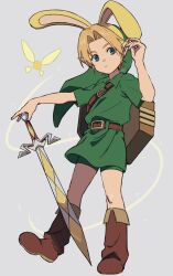 1boy blonde_hair blue_eyes boots bunny_hood_(zelda) curtained_hair gilded_sword_(majora&#039;s_mask) green_hat green_tunic hat highres link mirror_shield morning0g nintendo pointy_ears pointy_hat shoulder_belt sword tatl the_legend_of_zelda the_legend_of_zelda:_majora&#039;s_mask tunic weapon young_link