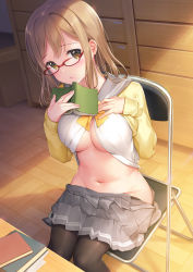 Rule 34 | 10s, 1girl, bespectacled, black pantyhose, blush, book, book stack, breasts, brown hair, cardigan, chair, chest of drawers, cleavage, clothes lift, clothes pull, commentary request, folding chair, glasses, groin, hand on own chest, indoors, kunikida hanamaru, large breasts, long hair, long sleeves, looking at viewer, looking over eyewear, love live!, love live! sunshine!!, midriff, mignon, navel, no bra, no panties, open book, open clothes, open fly, open shirt, pantyhose, pantyhose pull, parted lips, pleated skirt, red-framed eyewear, sailor collar, sailor shirt, school uniform, shirt, shirt lift, sidelocks, sitting, skirt, solo, stomach, yellow neckwear
