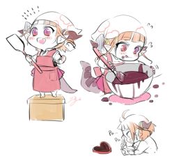 Rule 34 | 1girl, aged down, ahoge, apron, black hairband, blunt bangs, blush, bow, box, box of chocolates, candy, child, chocolate, chocolate heart, commentary request, cooking, diagonal-striped bow, dragon girl, dragon horns, dragon tail, fang, food, hairband, head scarf, heart, heart-shaped box, highres, holding, holding pencil, hololive, horn bow, horn ornament, horns, isuka, kiryu coco, mixing bowl, multicolored eyes, multiple views, orange hair, pencil, pointy ears, purple eyes, purple skirt, red apron, red eyes, short hair, signature, simple background, skin fang, skirt, spoken heart, striped, striped bow, tail, virtual youtuber, white background, writing