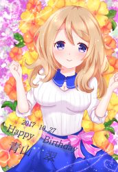 Rule 34 | 1girl, aoyama blue mountain, blonde hair, blue eyes, blue skirt, blush, bow, breasts, character name, cleavage, cleavage cutout, closed mouth, clothing cutout, collared shirt, commentary request, dated, english text, floral background, gochuumon wa usagi desu ka?, happy birthday, highres, kyunmofu, large breasts, leaf, long hair, looking at viewer, pink bow, ribbed sweater, sash, shirt, skirt, sleeves rolled up, smile, solo, sweater, white sweater, wing collar