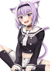 Rule 34 | 1girl, :d, absurdres, ahoge, animal collar, animal ear fluff, animal ears, bad id, bad pixiv id, black collar, black shirt, blush, breasts, cat ears, cat girl, cat tail, collar, commentary request, fang, feet together, hair between eyes, highres, hololive, kneehighs, knees apart feet together, long sleeves, looking at viewer, medium breasts, midriff, moonbell, navel, nekomata okayu, nekomata okayu (casual), open mouth, purple eyes, purple hair, sailor collar, shirt, short hair, short sleeves, shorts, simple background, sitting, sleeves past wrists, smile, socks, solo, spread legs, tail, virtual youtuber, white background, white neckwear, white sailor collar, white shorts