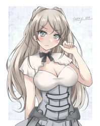 Rule 34 | 1girl, armpit cutout, breasts, brown eyes, cleavage, cleavage cutout, clothing cutout, commentary request, conte di cavour (kancolle), conte di cavour nuovo (kancolle), corset, dress, frilled dress, frills, gakky, gloves, kantai collection, large breasts, layered dress, long hair, looking at viewer, one-hour drawing challenge, silver hair, solo, two-tone dress, two side up, white dress, white gloves