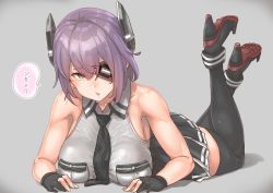 Rule 34 | 1girl, bare shoulders, black footwear, black gloves, black skirt, boots, breasts, checkered clothes, checkered necktie, checkered neckwear, collarbone, collared vest, eyepatch, full body, gloves, grey background, grey vest, headgear, highres, kantai collection, large breasts, looking at viewer, lying, necktie, on stomach, parted lips, partially fingerless gloves, pleated skirt, purple hair, rudder footwear, short hair, sideboob, simple background, skirt, solo, speech bubble, striped clothes, striped skirt, tenryuu (kancolle), tenryuu kai ni (kancolle), thigh boots, thighhighs, translation request, uru (uru0000), vest, yellow eyes