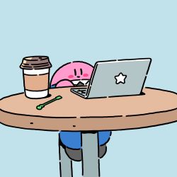 Rule 34 | 1other, black footwear, black necktie, blue background, blush, coffee, collared shirt, commentary, computer, cup, disposable coffee cup, disposable cup, english commentary, flat color, formal, highres, james turner, kirby, kirby (series), laptop, necktie, nintendo, shirt, simple background, solo, suit, white shirt
