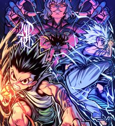 Rule 34 | 1girl, 3boys, black hair, blue eyes, cat girl, character request, child, commentary, fantasy, glowing, gon freecss, highres, hunter x hunter, incoming attack, killua zoldyck, long hair, looking at viewer, lydart mclo, messy hair, multiple boys, muscular, muscular child, nail, neferpitou, shirt, shoes, short hair, shorts, smile, spiked hair, t-shirt, tank top, tattoo, white hair, white shirt