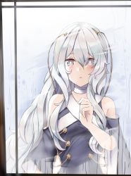 Rule 34 | 1girl, bare shoulders, blue jacket, blush, commentary, condensation, detached sleeves, girls&#039; frontline, grey eyes, hair between eyes, hair ornament, hand up, highres, i.f.s.f, jacket, long hair, long sleeves, looking at viewer, looking outside, parted lips, ribeyrolles (girls&#039; frontline), silver hair, sleeveless, sleeveless jacket, solo, through window, very long hair, wide sleeves, window fog