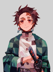 Rule 34 | 1boy, absurdres, belt, belt buckle, brown hair, buckle, checkered haori, chinese commentary, closed mouth, commentary request, earrings, fighting stance, grey background, highres, jacket, jewelry, kamado tanjirou, katana, kimetsu no yaiba, looking at viewer, male focus, mogutofuoes, ready to draw, red eyes, scar, scar on face, scar on forehead, short hair, simple background, smile, solo, sword, symbol-shaped pupils, upper body, weapon, white jacket