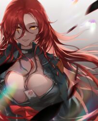 Rule 34 | 1girl, bonneville (neural cloud), breasts, cleavage, corrupted twitter file, crop top, floating hair, girls&#039; frontline, girls&#039; frontline neural cloud, hair between eyes, highres, id card, large breasts, long hair, orange eyes, parted lips, red hair, smile, solo, straight-on, thatob